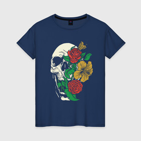 Женская футболка хлопок с принтом Floral Roses Skull  , 100% хлопок | прямой крой, круглый вырез горловины, длина до линии бедер, слегка спущенное плечо | bones | cranium | flower | flowers | gothic | merch | rose | skeleton | skull merch | tattoo | букет | готика | кости | мерч | мистика | рисунок черепа | роза | розы | скелет | татуировка | ужасы | флора | цветы | чайные розы | череп | черепа с