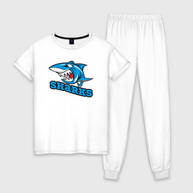 Женская пижама хлопок с принтом Sharks , 100% хлопок | брюки и футболка прямого кроя, без карманов, на брюках мягкая резинка на поясе и по низу штанин | shark | sharks | агрессивный | акула | хищник