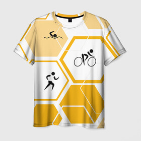 Мужская футболка 3D с принтом Триатлон / Triathlon , 100% полиэфир | прямой крой, круглый вырез горловины, длина до линии бедер | ironman | tri | triathlon | бег | велосипед | велоспорт | выносливость | мультиспорт | плавание | сила | скорость | соты | спорт | три | триатлон | троеборье | цикличный