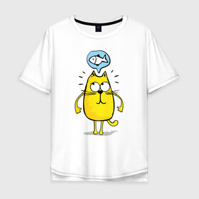Мужская футболка хлопок Oversize с принтом Кот мечтает о рыбе , 100% хлопок | свободный крой, круглый ворот, “спинка” длиннее передней части | Тематика изображения на принте: cat | kitty | киска | кот | котик | котэ | кошечка | кошка | пушистик