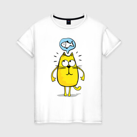 Женская футболка хлопок с принтом Кот мечтает о рыбе , 100% хлопок | прямой крой, круглый вырез горловины, длина до линии бедер, слегка спущенное плечо | cat | kitty | киска | кот | котик | котэ | кошечка | кошка | пушистик