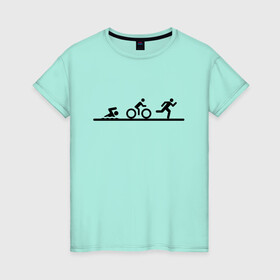 Женская футболка хлопок с принтом Троеборье , 100% хлопок | прямой крой, круглый вырез горловины, длина до линии бедер, слегка спущенное плечо | Тематика изображения на принте: ironman | tri | triathlon | бег | велосипед | велоспорт | выносливость | мультиспорт | плавание | сила | скорость | спорт | три | триатлон | троеборье | цикличный