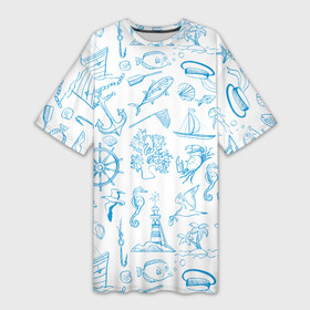 Платье-футболка 3D с принтом Морская тема ,  |  | бескозырка | корабль | кораллы | краб | лодка | маяк | море | морская звезда | морская тема | морской набор | океан | отпуск | пальмы | парусник | приключение | путешествие | рыболовный крючок | рыбы