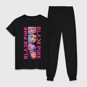 Женская пижама хлопок с принтом BLACKPINK Neon , 100% хлопок | брюки и футболка прямого кроя, без карманов, на брюках мягкая резинка на поясе и по низу штанин | black | blackpink | chae | jennie | jisoo | kim | kpop | lalisa | lisa | manoban | neon | park | pink | rose | young | дженни | джису | ён | ким | лалиса | лиса | манобан | неон | пак | розэ | че