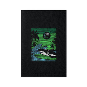 Обложка для паспорта матовая кожа с принтом Surf shark , натуральная матовая кожа | размер 19,3 х 13,7 см; прозрачные пластиковые крепления | Тематика изображения на принте: shark | акула | вода | море | океан | остров | отпуск | пальмы | серфинг