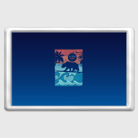 Магнит 45*70 с принтом Медведь на серфинге , Пластик | Размер: 78*52 мм; Размер печати: 70*45 | волны | закат | медведь | море | океан | отдых | отпуск | пальмы | серфинг