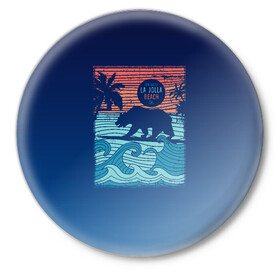 Значок с принтом Медведь на серфинге ,  металл | круглая форма, металлическая застежка в виде булавки | волны | закат | медведь | море | океан | отдых | отпуск | пальмы | серфинг