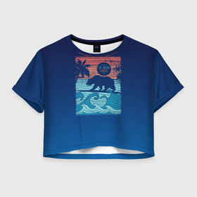 Женская футболка Crop-top 3D с принтом Медведь на серфинге , 100% полиэстер | круглая горловина, длина футболки до линии талии, рукава с отворотами | волны | закат | медведь | море | океан | отдых | отпуск | пальмы | серфинг