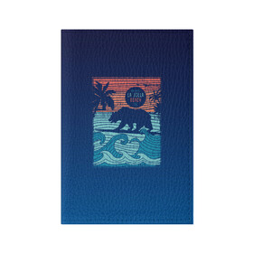 Обложка для паспорта матовая кожа с принтом Медведь на серфинге , натуральная матовая кожа | размер 19,3 х 13,7 см; прозрачные пластиковые крепления | волны | закат | медведь | море | океан | отдых | отпуск | пальмы | серфинг