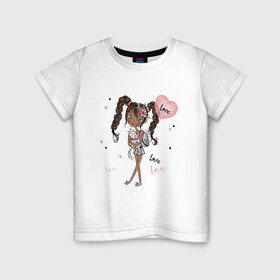 Детская футболка хлопок с принтом Милая Лола с котиком и шариком , 100% хлопок | круглый вырез горловины, полуприлегающий силуэт, длина до линии бедер | Тематика изображения на принте: девушка | косички | кот | лола | любовь | малышка | милашка | мультяшка | сердце | шарик