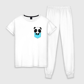 Женская пижама хлопок с принтом Панда милашка в кармашке , 100% хлопок | брюки и футболка прямого кроя, без карманов, на брюках мягкая резинка на поясе и по низу штанин | животное | карман | малышка | медведь | милашка