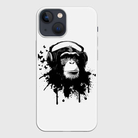 Чехол для iPhone 13 mini с принтом Обезьяна Меломан ,  |  | black | blot | butterflies | chimpanzee | gorilla | headphones | ink | lover | monkey | music | sheet | white | бабочки | белое | горилла | клякса | меломан | музыка | наушники | ноты | обезьяна | спокойствие | умиротворение | чернила | черное