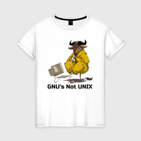 Женская футболка хлопок с принтом GNU’s Not UNIX , 100% хлопок | прямой крой, круглый вырез горловины, длина до линии бедер, слегка спущенное плечо | gnu | linux | not unix | programming | гну | линукс | программист | сисадмин | системный администратор