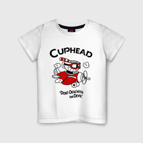 Детская футболка хлопок с принтом Cuphead на самолёте , 100% хлопок | круглый вырез горловины, полуприлегающий силуэт, длина до линии бедер | cuphead | cuphead and mugman | dont deal with the devil | игры | капхед | самолёт | чашеголовый