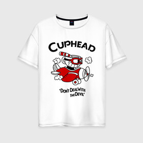 Женская футболка хлопок Oversize с принтом Cuphead на самолёте , 100% хлопок | свободный крой, круглый ворот, спущенный рукав, длина до линии бедер
 | Тематика изображения на принте: cuphead | cuphead and mugman | dont deal with the devil | игры | капхед | самолёт | чашеголовый