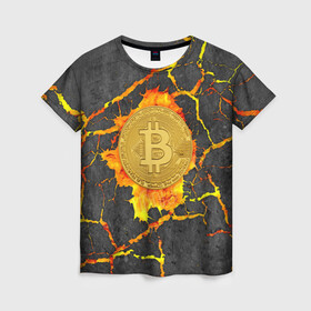 Женская футболка 3D с принтом Вулканический Биткоин , 100% полиэфир ( синтетическое хлопкоподобное полотно) | прямой крой, круглый вырез горловины, длина до линии бедер | bitcoin | биткоины | вулкан | крипта | криптовалюта | лава | огонь