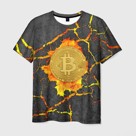 Мужская футболка 3D с принтом Вулканический Биткоин , 100% полиэфир | прямой крой, круглый вырез горловины, длина до линии бедер | bitcoin | биткоины | вулкан | крипта | криптовалюта | лава | огонь
