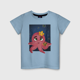 Детская футболка хлопок с принтом Осьминог и морская звезда , 100% хлопок | круглый вырез горловины, полуприлегающий силуэт, длина до линии бедер | добрая иллюстрация | дружба | милый | море | морская звезда | морские животные | океан | осьминог | подводный мир