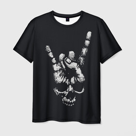 Мужская футболка 3D с принтом Rock Skull , 100% полиэфир | прямой крой, круглый вырез горловины, длина до линии бедер | rock n roll | skulls | коза | рок | скелет | череп | черепушка