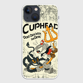 Чехол для iPhone 13 mini с принтом Cuphead and Devil ,  |  | cuphead | devil | dont deal with the devil | все персонажи | дьявол | игры | капхед | чашеголовый | черт