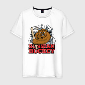 Мужская футболка хлопок с принтом Русский хоккей. Вперед Россия! , 100% хлопок | прямой крой, круглый вырез горловины, длина до линии бедер, слегка спущенное плечо. | hockey | russia | клюшка | краснаямашина | россия | сборная | хоккей | шайба