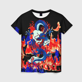 Женская футболка 3D с принтом Огненный Дракон , 100% полиэфир ( синтетическое хлопкоподобное полотно) | прямой крой, круглый вырез горловины, длина до линии бедер | akatsuki | beast | dragon | fire | акацуки | дракон | животные | зверь | змей | когти | облако | огонь | узор | чб | японский