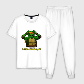 Мужская пижама хлопок с принтом Микеланджело , 100% хлопок | брюки и футболка прямого кроя, без карманов, на брюках мягкая резинка на поясе и по низу штанин
 | donatello | leonardo | michelangelo | ninja | pizza | raphael | turtles | донателло | животные | карате | комикс | комиксы | леонардо | микеланджело | мультфильм | мутант | мутанты | ниндзя | пицца | рафаэль | сплинтер | супергерой