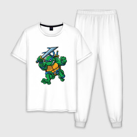 Мужская пижама хлопок с принтом Леонардо , 100% хлопок | брюки и футболка прямого кроя, без карманов, на брюках мягкая резинка на поясе и по низу штанин
 | donatello | leonardo | michelangelo | ninja | pizza | raphael | turtles | донателло | животные | карате | комикс | комиксы | леонардо | микеланджело | мультфильм | мутант | мутанты | ниндзя | пицца | рафаэль | сплинтер | супергерой