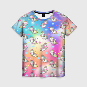 Женская футболка 3D с принтом Пони единорог в облаках , 100% полиэфир ( синтетическое хлопкоподобное полотно) | прямой крой, круглый вырез горловины, длина до линии бедер | блестки | волшебство | градиент | единорог | звезды | магия | облака | пегас | пони | сердце