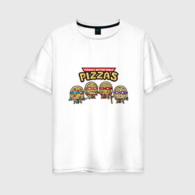 Женская футболка хлопок Oversize с принтом Ninja Pizzas , 100% хлопок | свободный крой, круглый ворот, спущенный рукав, длина до линии бедер
 | donatello | leonardo | michelangelo | ninja | pizza | raphael | turtles | донателло | животные | карате | комикс | комиксы | леонардо | микеланджело | мультфильм | мутант | мутанты | ниндзя | пицца | рафаэль | сплинтер | супергерой