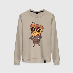 Женский свитшот хлопок с принтом Пепперони пицца в костюме , 100% хлопок | прямой крой, круглый вырез, на манжетах и по низу широкая трикотажная резинка  | art | boss | cheese pizza | cool | funny | mushroom | pepperoni | pizza | pizza lover | retro | агент | арт | в очках | грибы | иллюстрация | люблю пиццу | пицца без ананасов | пицца с ананасами | прикол | ретро | рисунок пиццы | спецагент