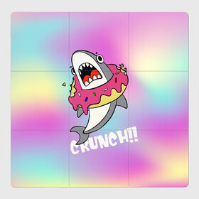 Магнитный плакат 3Х3 с принтом Акула с пончиком Сrunch , Полимерный материал с магнитным слоем | 9 деталей размером 9*9 см | Тематика изображения на принте: акула | глазурь | градиент | десерт | зубы | пончик | укус