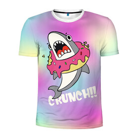 Мужская футболка 3D спортивная с принтом Акула с пончиком Сrunch , 100% полиэстер с улучшенными характеристиками | приталенный силуэт, круглая горловина, широкие плечи, сужается к линии бедра | акула | глазурь | градиент | десерт | зубы | пончик | укус
