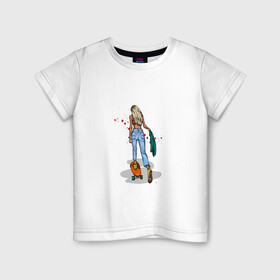 Детская футболка хлопок с принтом Девушка на скейте , 100% хлопок | круглый вырез горловины, полуприлегающий силуэт, длина до линии бедер | блондинка | девушка | джинсы | скейт | спорт | фитоняша