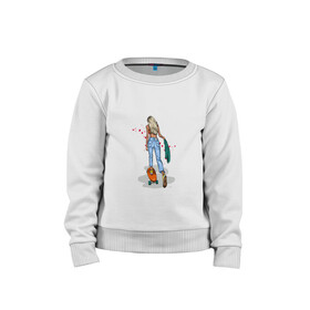 Детский свитшот хлопок с принтом Девушка на скейте , 100% хлопок | круглый вырез горловины, эластичные манжеты, пояс и воротник | блондинка | девушка | джинсы | скейт | спорт | фитоняша