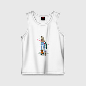 Детская майка хлопок с принтом Девушка на скейте ,  |  | Тематика изображения на принте: блондинка | девушка | джинсы | скейт | спорт | фитоняша