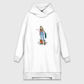 Платье-худи хлопок с принтом Девушка на скейте ,  |  | Тематика изображения на принте: блондинка | девушка | джинсы | скейт | спорт | фитоняша
