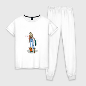 Женская пижама хлопок с принтом Девушка на скейте , 100% хлопок | брюки и футболка прямого кроя, без карманов, на брюках мягкая резинка на поясе и по низу штанин | блондинка | девушка | джинсы | скейт | спорт | фитоняша