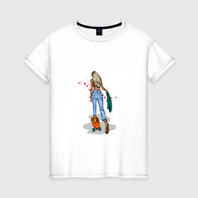 Женская футболка хлопок с принтом Девушка на скейте , 100% хлопок | прямой крой, круглый вырез горловины, длина до линии бедер, слегка спущенное плечо | Тематика изображения на принте: блондинка | девушка | джинсы | скейт | спорт | фитоняша