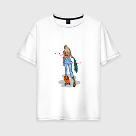 Женская футболка хлопок Oversize с принтом Девушка на скейте , 100% хлопок | свободный крой, круглый ворот, спущенный рукав, длина до линии бедер
 | блондинка | девушка | джинсы | скейт | спорт | фитоняша