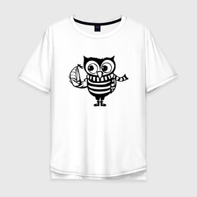 Мужская футболка хлопок Oversize с принтом Совенок с корабликом , 100% хлопок | свободный крой, круглый ворот, “спинка” длиннее передней части | Тематика изображения на принте: owl | owls | сова | совушка | совы | филин | фраза | юмор