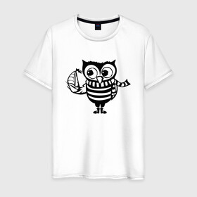 Мужская футболка хлопок с принтом Совенок с корабликом , 100% хлопок | прямой крой, круглый вырез горловины, длина до линии бедер, слегка спущенное плечо. | owl | owls | сова | совушка | совы | филин | фраза | юмор
