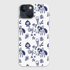 Чехол для iPhone 13 mini с принтом Девчачий дудл ,  |  | doodle | бабочка | белый | девочка | дудл | дудлы | единорог | звезда | звёзды | корона | листья | лошадка | мороженое | ноты | пегас | пони | сердечко | сердца | сердце | синий | сладость | цветок