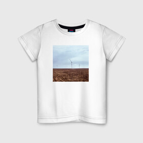 Детская футболка хлопок с принтом Ветрогенераторы в поле , 100% хлопок | круглый вырез горловины, полуприлегающий силуэт, длина до линии бедер | ветрогенератор | день | небо | облака | экология