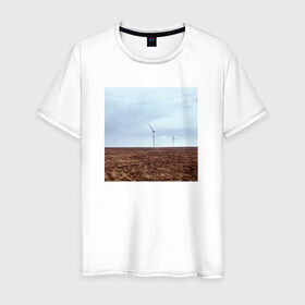 Мужская футболка хлопок с принтом Ветрогенераторы в поле , 100% хлопок | прямой крой, круглый вырез горловины, длина до линии бедер, слегка спущенное плечо. | ветрогенератор | день | небо | облака | экология
