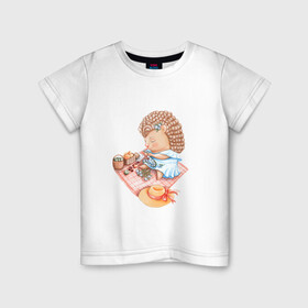 Детская футболка хлопок с принтом Девушка-ежик плетет венок , 100% хлопок | круглый вырез горловины, полуприлегающий силуэт, длина до линии бедер | венок | девочка | девушка | ежик | лето | малышка | фрукты | цветы