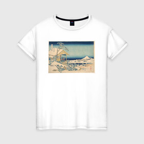 Женская футболка хлопок с принтом Снежное утро на реке Коисикава , 100% хлопок | прямой крой, круглый вырез горловины, длина до линии бедер, слегка спущенное плечо | Тематика изображения на принте: кацусики хокусай | тридцать шесть видов фудзи | фудзи | япония | японская графика