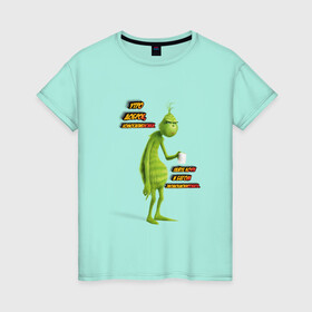 Женская футболка хлопок с принтом Гринч , 100% хлопок | прямой крой, круглый вырез горловины, длина до линии бедер, слегка спущенное плечо | гринч | грустный | зеленый | кофе | кружка | мультфильм | утро