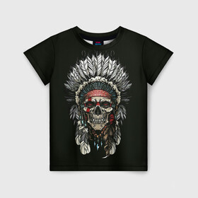 Детская футболка 3D с принтом Indian Skull , 100% гипоаллергенный полиэфир | прямой крой, круглый вырез горловины, длина до линии бедер, чуть спущенное плечо, ткань немного тянется | Тематика изображения на принте: skeleton | skulls | вождь | индеец | индия | скелет | череп | черепушка