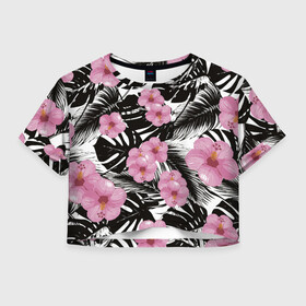 Женская футболка Crop-top 3D с принтом Тропический Стиль , 100% полиэстер | круглая горловина, длина футболки до линии талии, рукава с отворотами | flower | flowers | leaf | tropics | tropix | листья | природа | тропики | цветок | цветы